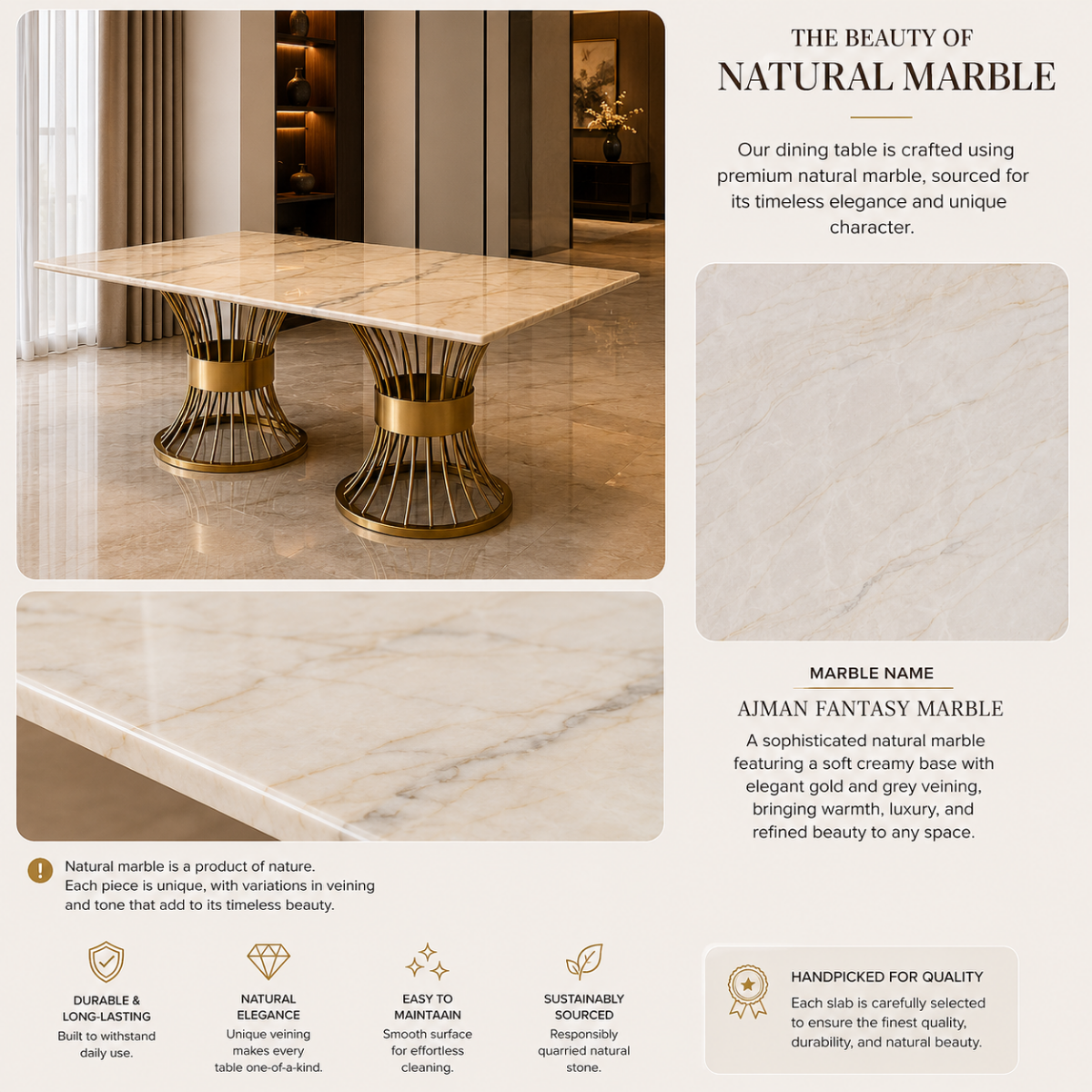 Wooden Twist Luxury Marble Top Dining Table with Gold Metal Base, 200x90cm, Seats 6-8