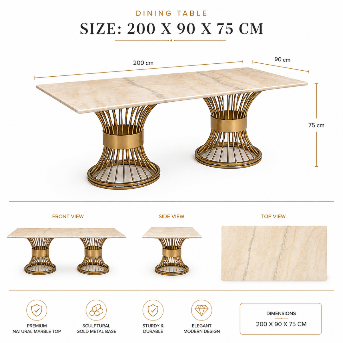 Wooden Twist Luxury Marble Top Dining Table with Gold Metal Base, 200x90cm, Seats 6-8