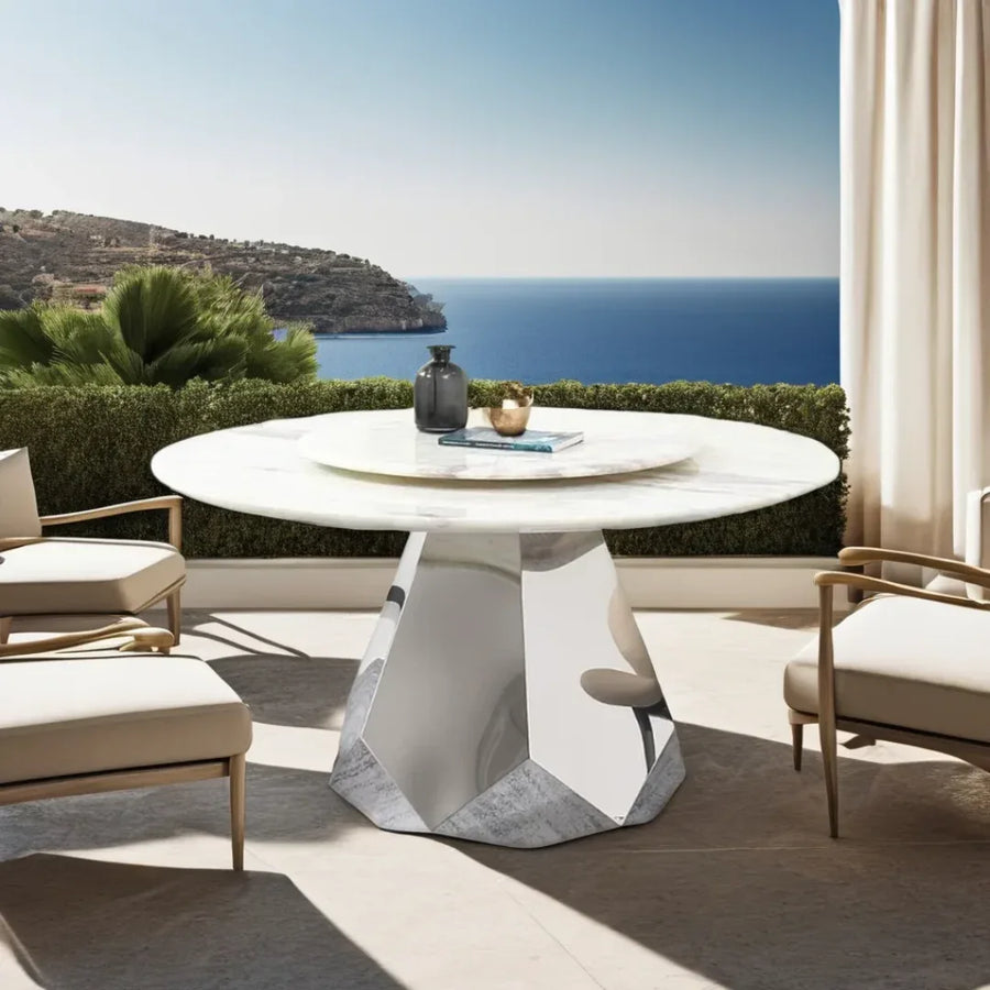 A mirror-finish base with open-leg design