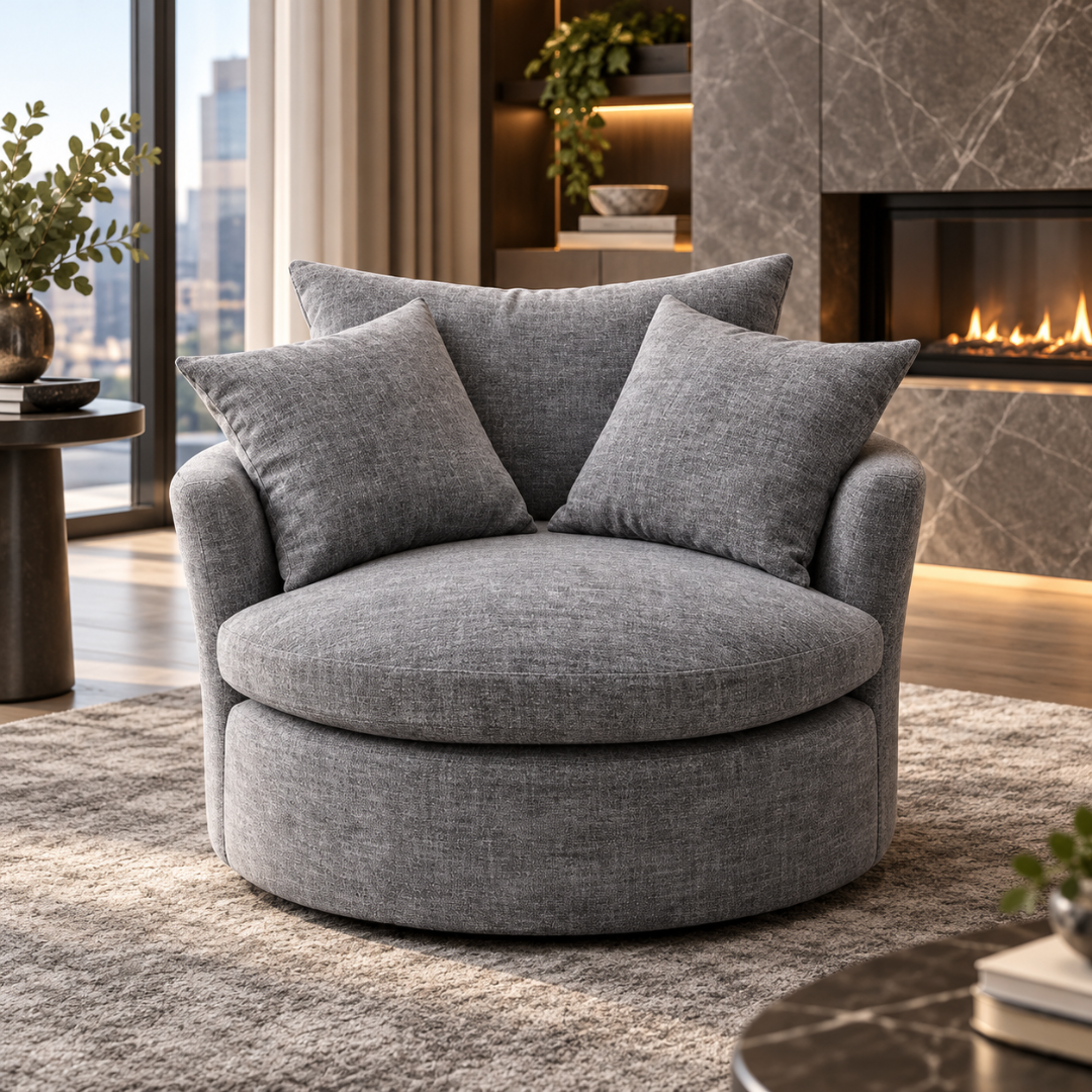 Wooden Twist Round Cuddle Chair with 3 Pillows Grey – living room