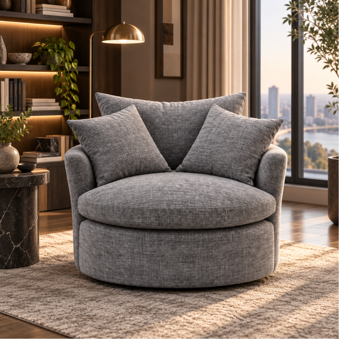 Wooden Twist Round Cuddle Chair with 3 Pillows Grey – by the window