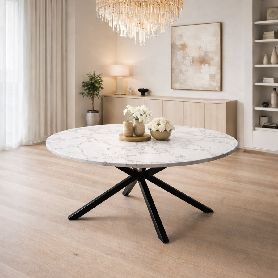 White Marble Top, Black Metal X-Base