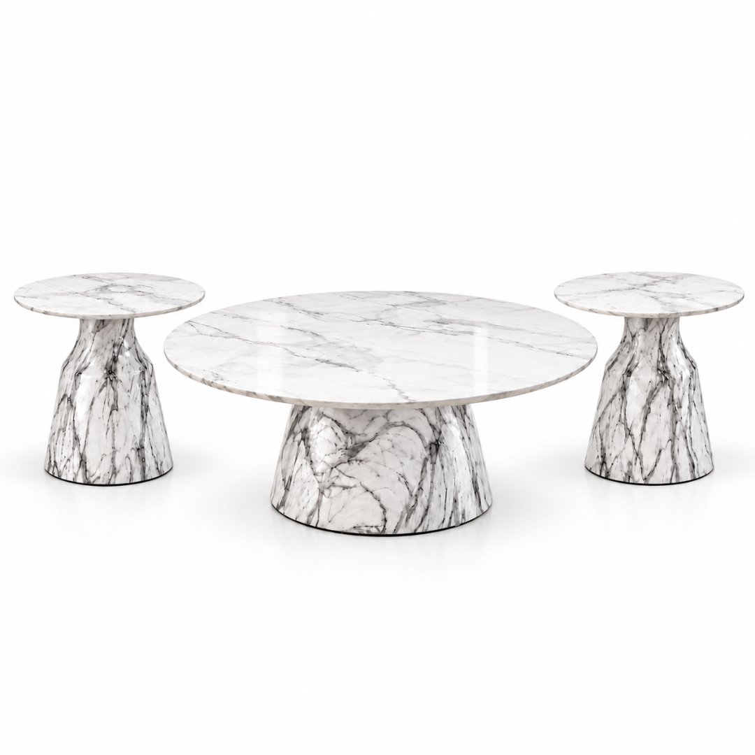 Wooden Twist Marmora Stone Top Coffee Table Set of 3 – studio view