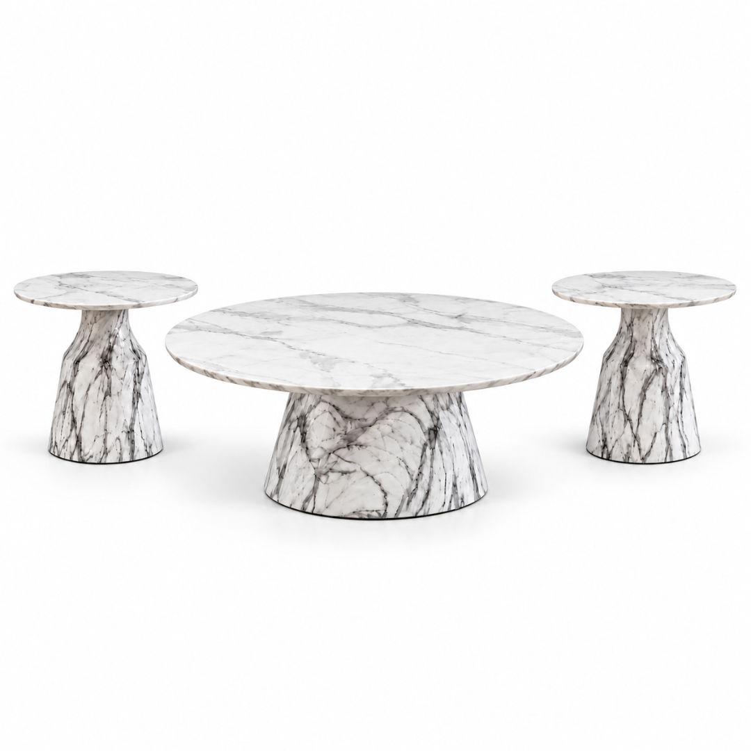 Wooden Twist Marmora Stone Top Coffee Table Set of 3 – front view