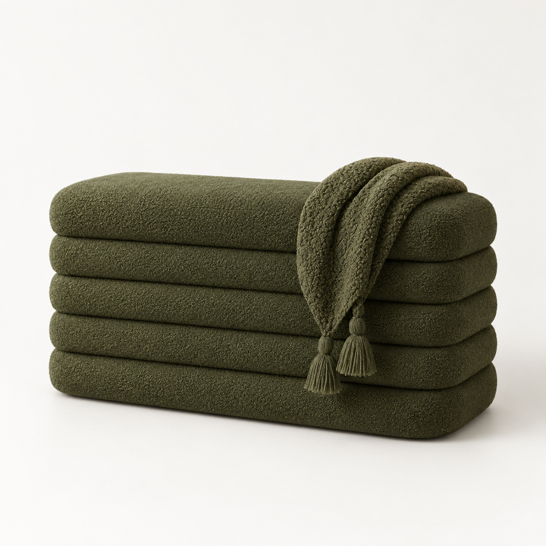 Layer olive green stacked-tier boucle bench on a white background