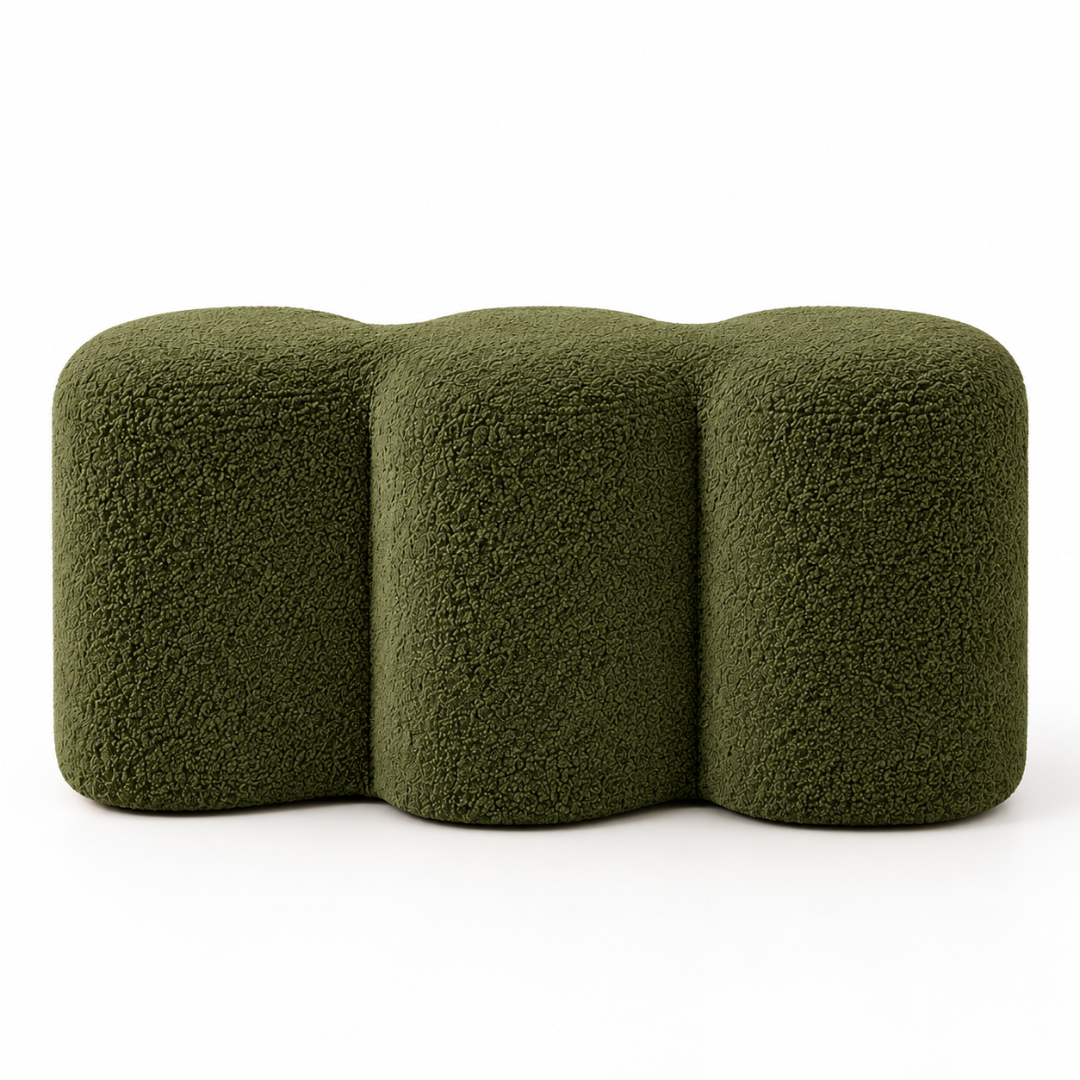 Cloud olive green wavy boucle bench on a white background