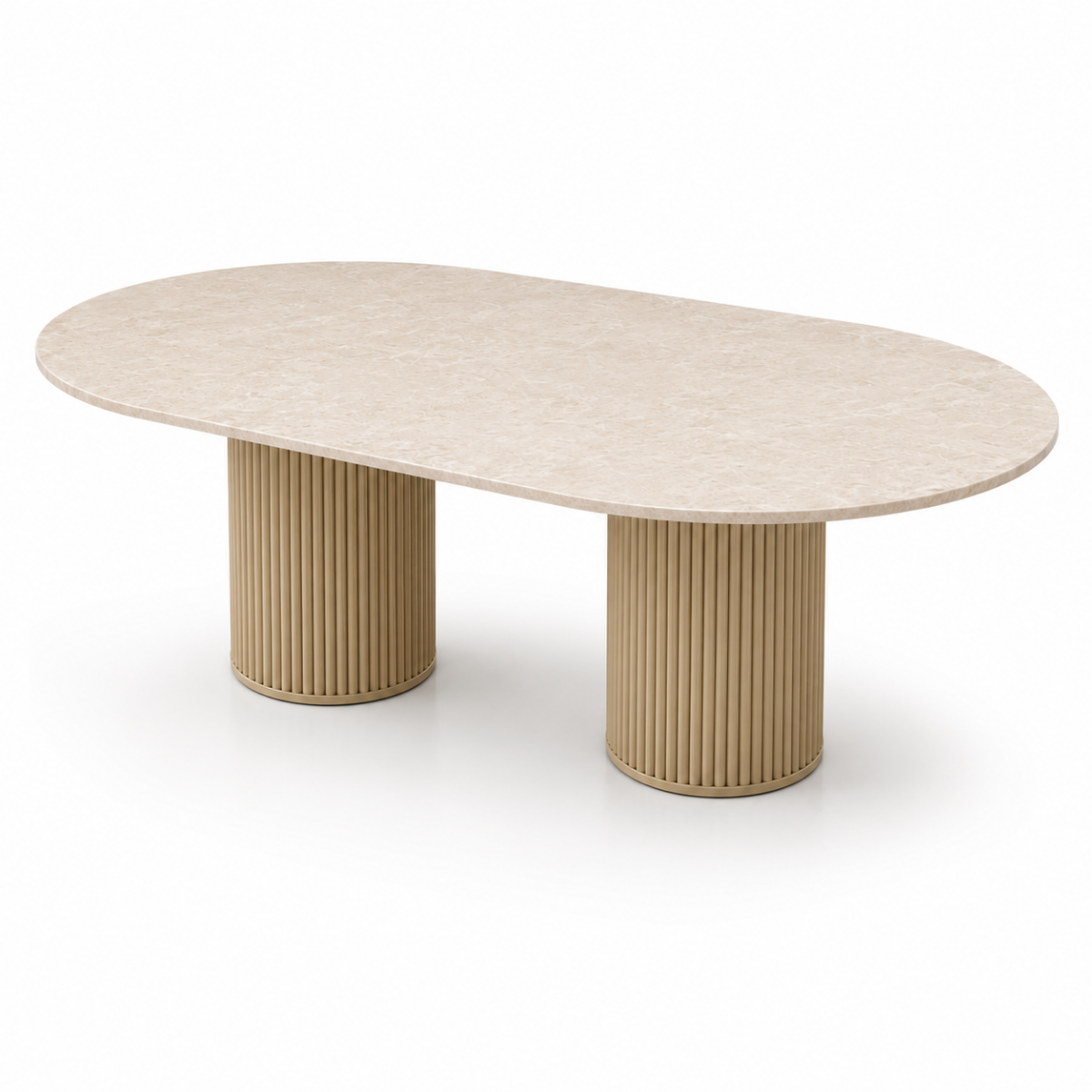 Wooden Twist Oval Cream Marble Dining Table with Fluted Double Pedestal Base