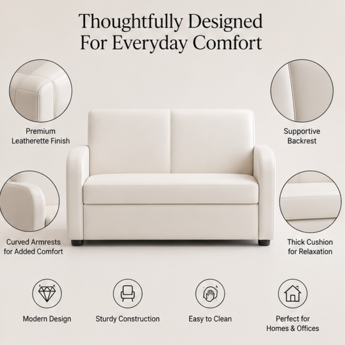 Wooden Twist Medora Care 2 Seater Sofa feature callouts - premium leatherette finish, supportive backrest, curved armrests, thick cushion