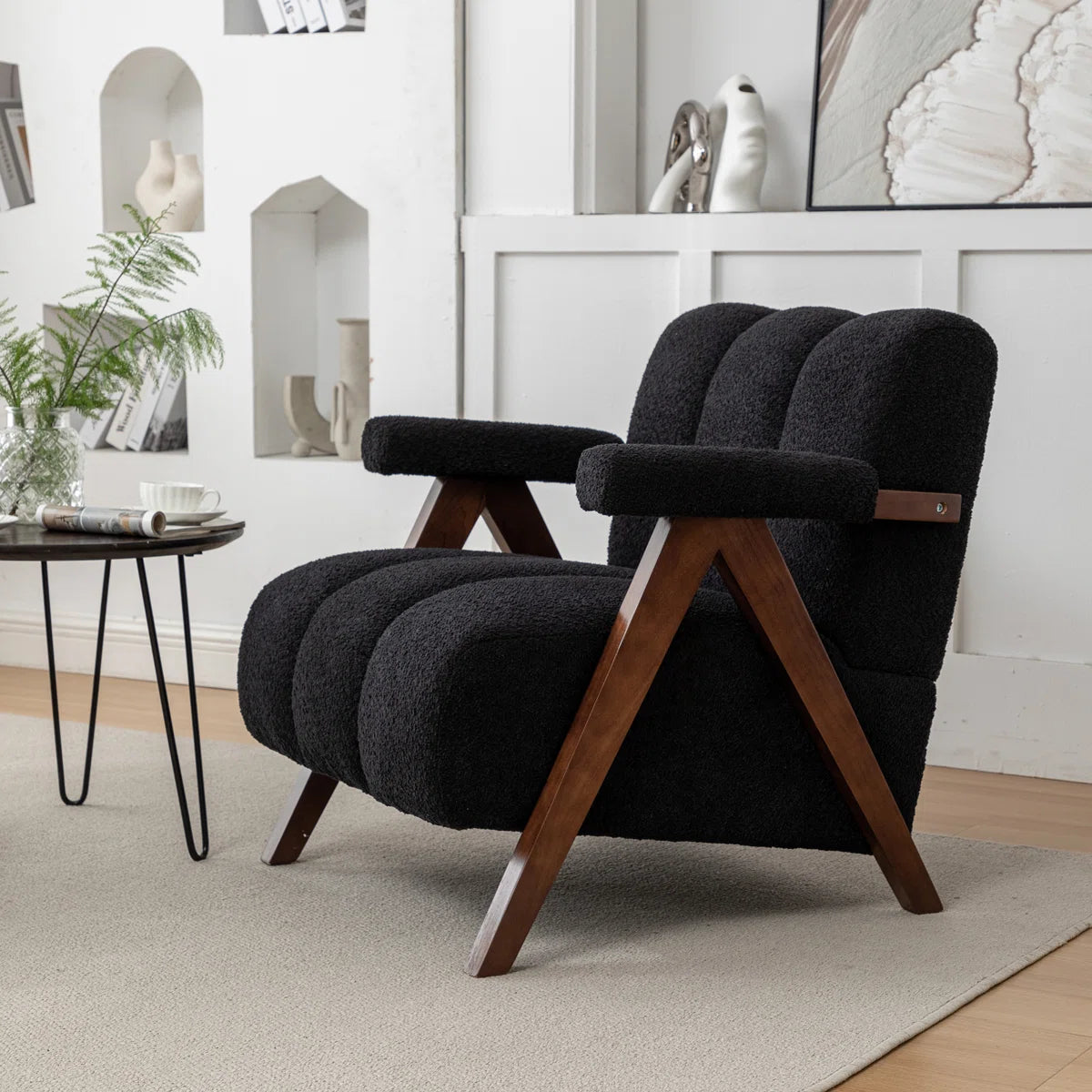 Wooden Twist Mid-Century Boucle Armchair with Solid Wood Leg