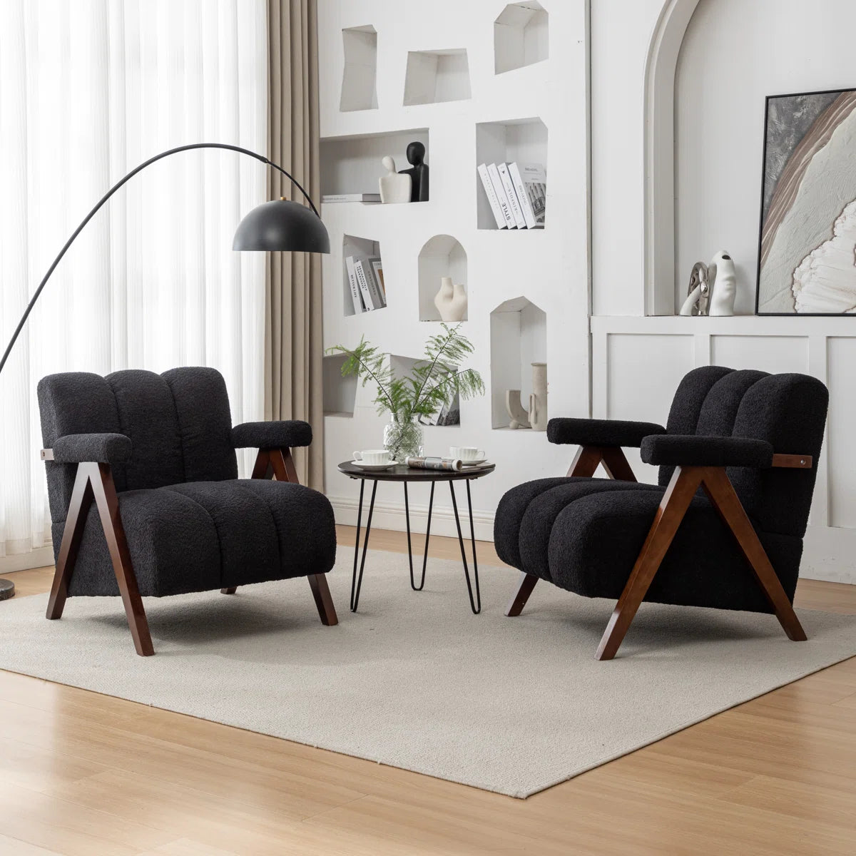 Wooden Twist Mid-Century Boucle Armchair with Solid Wood Leg