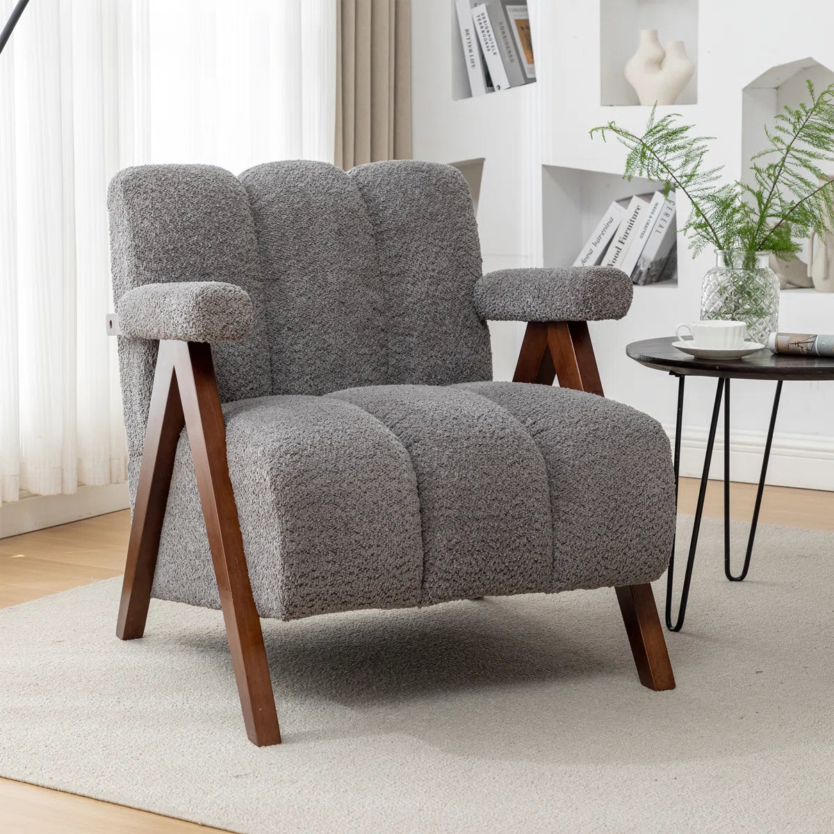 Wooden Twist Mid-Century Boucle Armchair with Solid Wood Leg