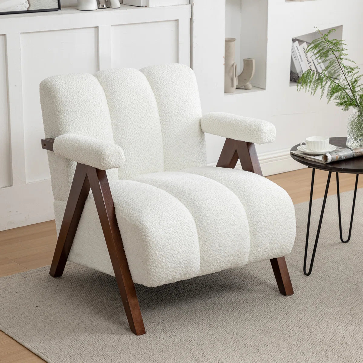 Wooden Twist Mid-Century Boucle Armchair with Solid Wood Leg