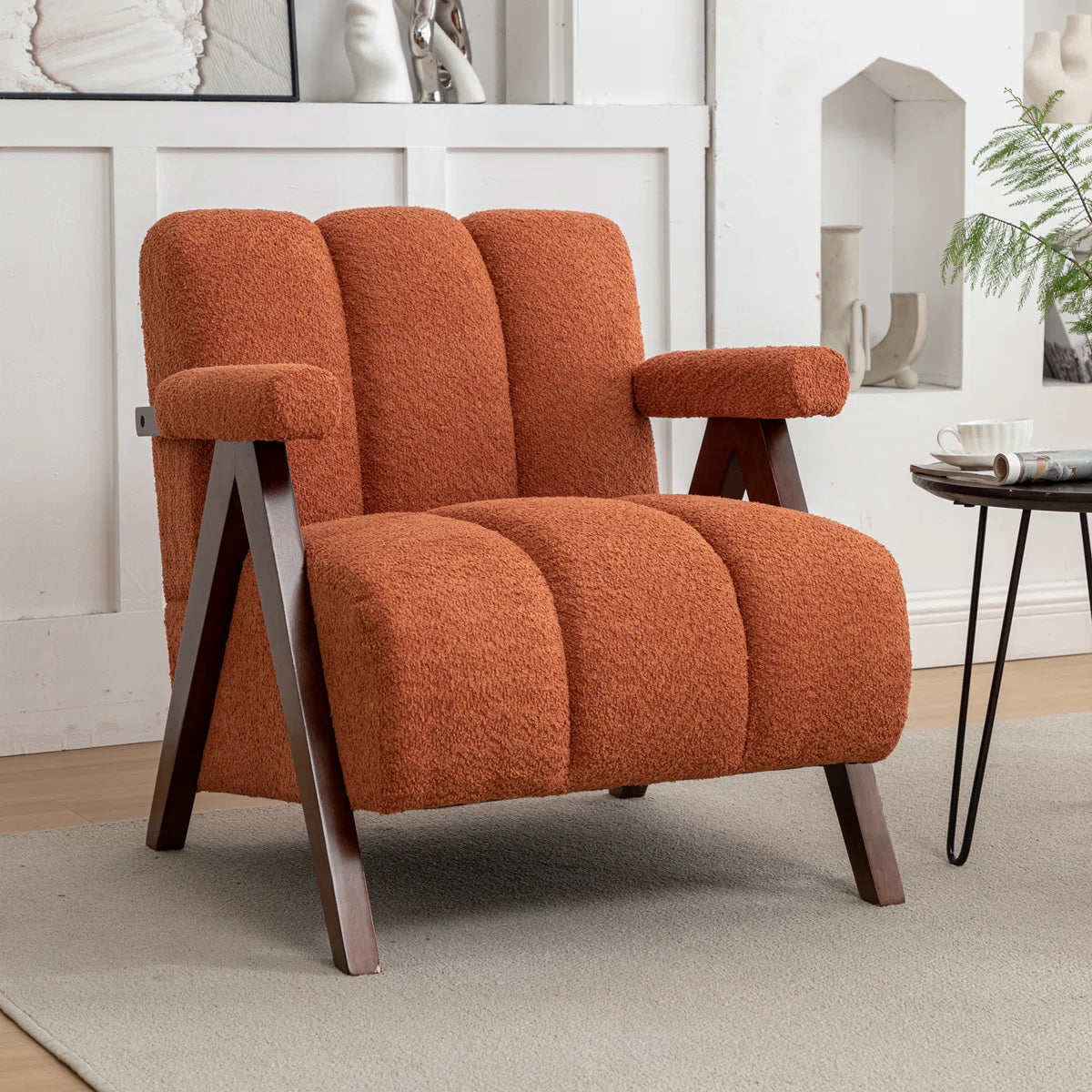 Wooden Twist Mid-Century Boucle Armchair with Solid Wood Leg
