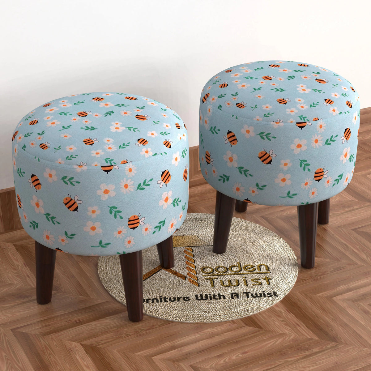 Wooden Twist Harlequin Puffy Ottoman Stool For Living Room ( Set of 2 ) - Wooden Twist UAE