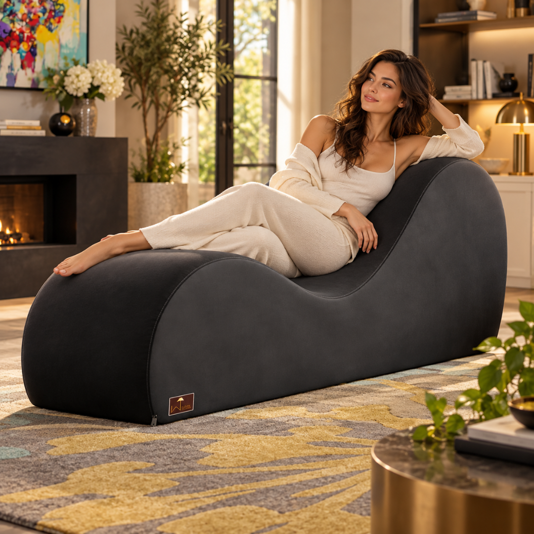Wooden Twist Armless Velvet Wave Chaise Lounge Black – Woman Relaxing in Living Room