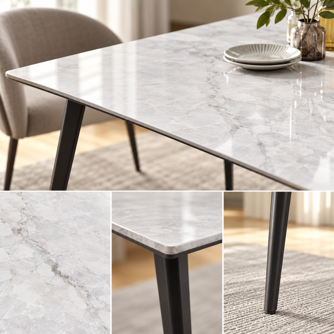 Wooden Twist Modern Rectangular Dining Table with Sintered Stone Marble Effect Top & Tapered Metal Legs, 120 x 70 cm (White)