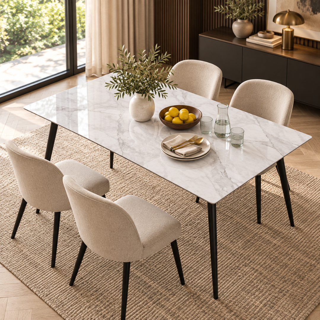 Wooden Twist Modern Rectangular Dining Table with Sintered Stone Marble Effect Top & Tapered Metal Legs, 120 x 70 cm (White)