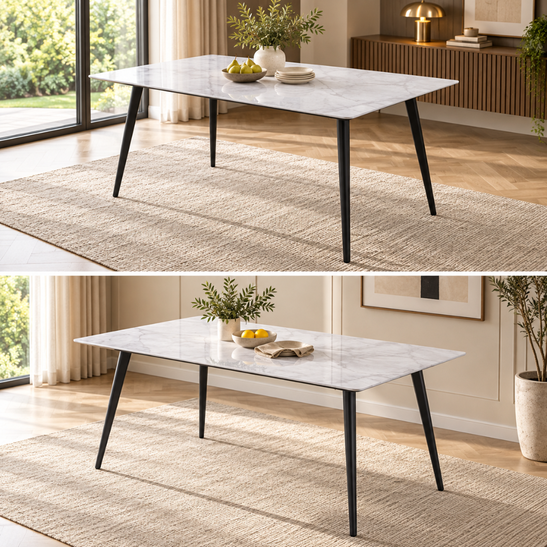 Wooden Twist Modern Rectangular Dining Table with Sintered Stone Marble Effect Top & Tapered Metal Legs, 120 x 70 cm (White)