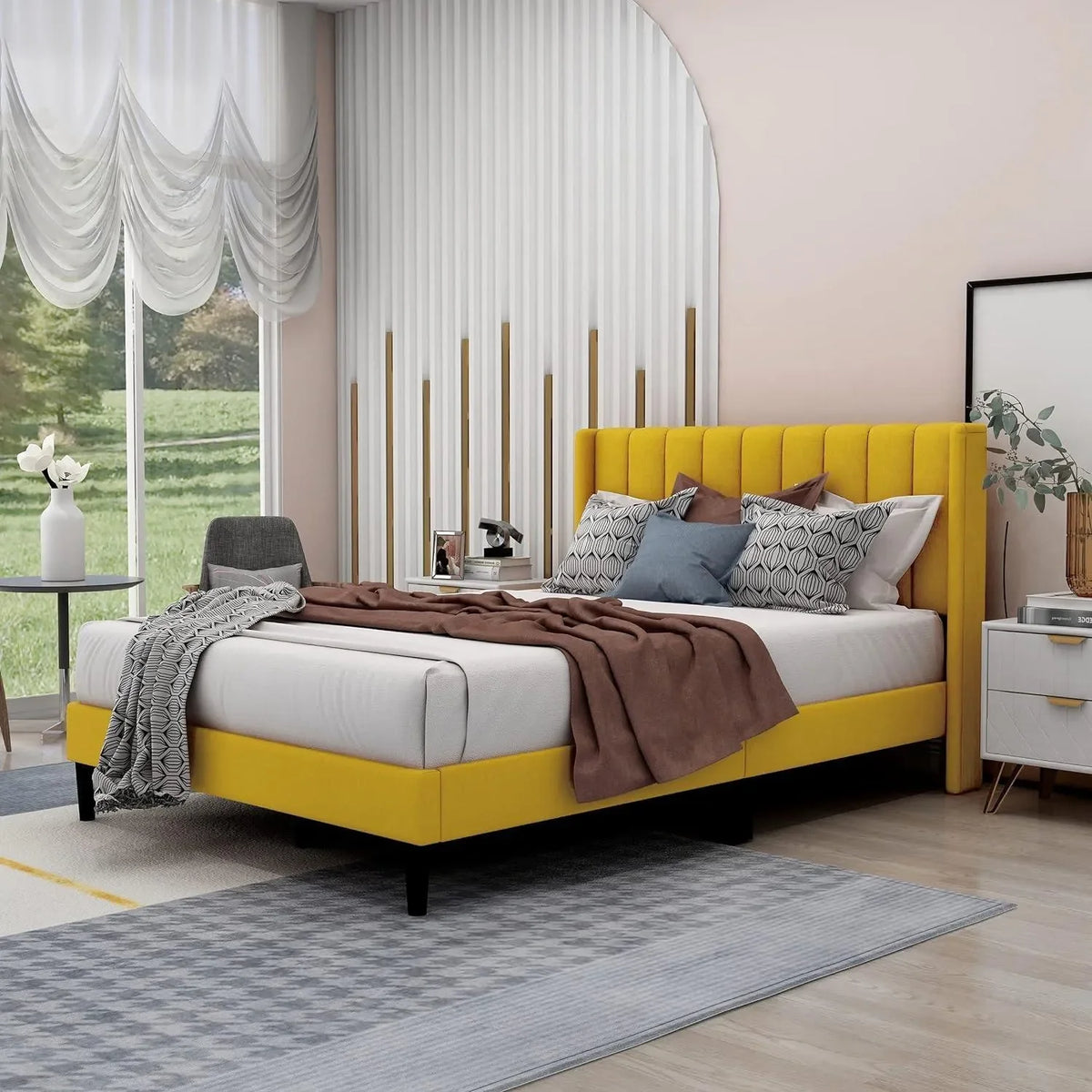 A Yellow Wingback Bed for a Bright Bedroom