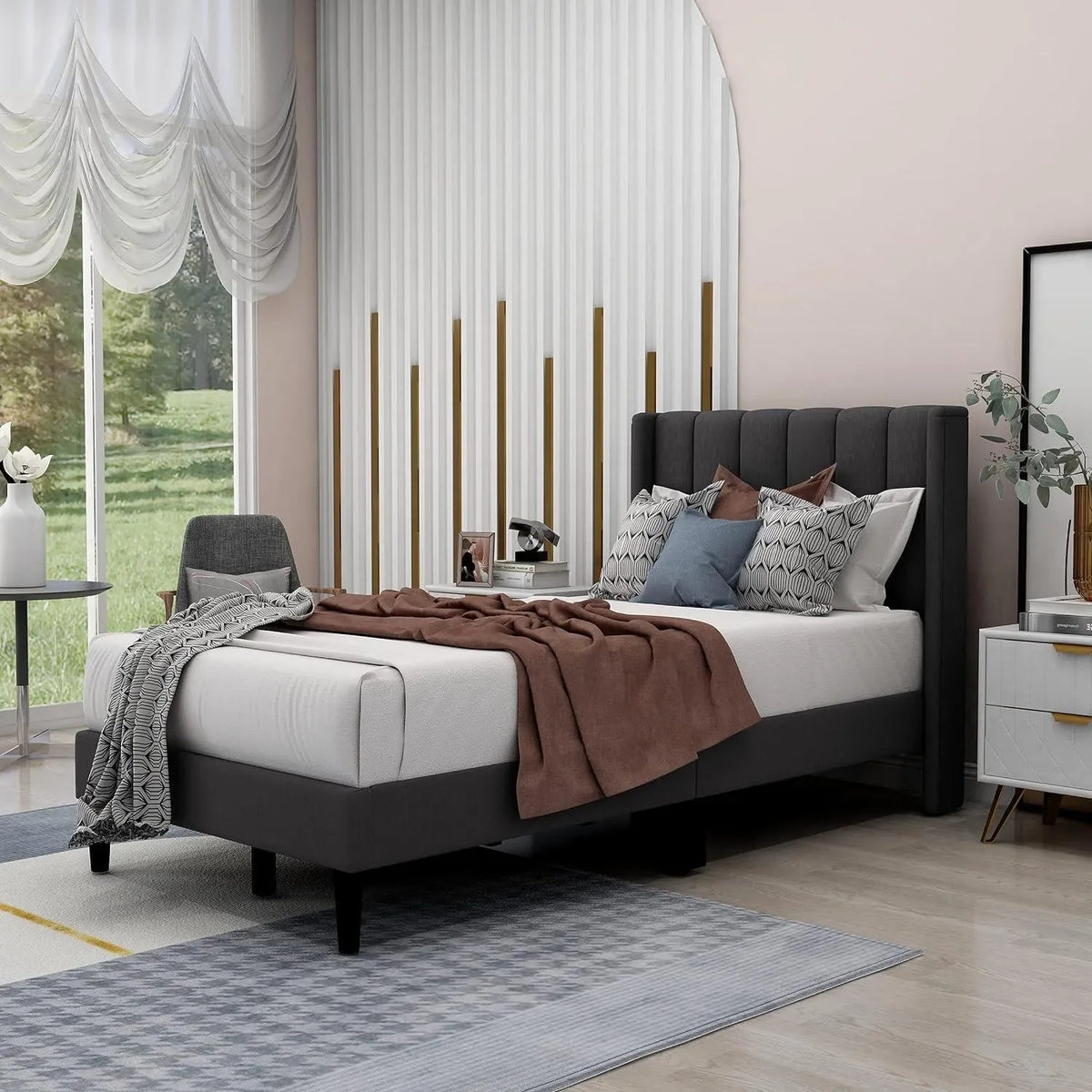 A Dark Grey Wingback Bed for a Refined Bedroom