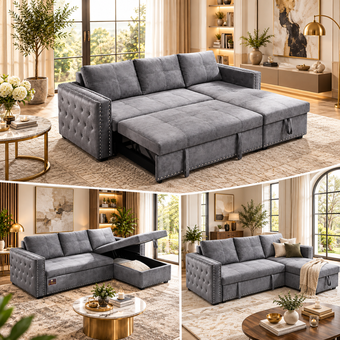 Wooden Twist Modern L-Shape Sofa Bed with Storage Grey – Room Setting Collage