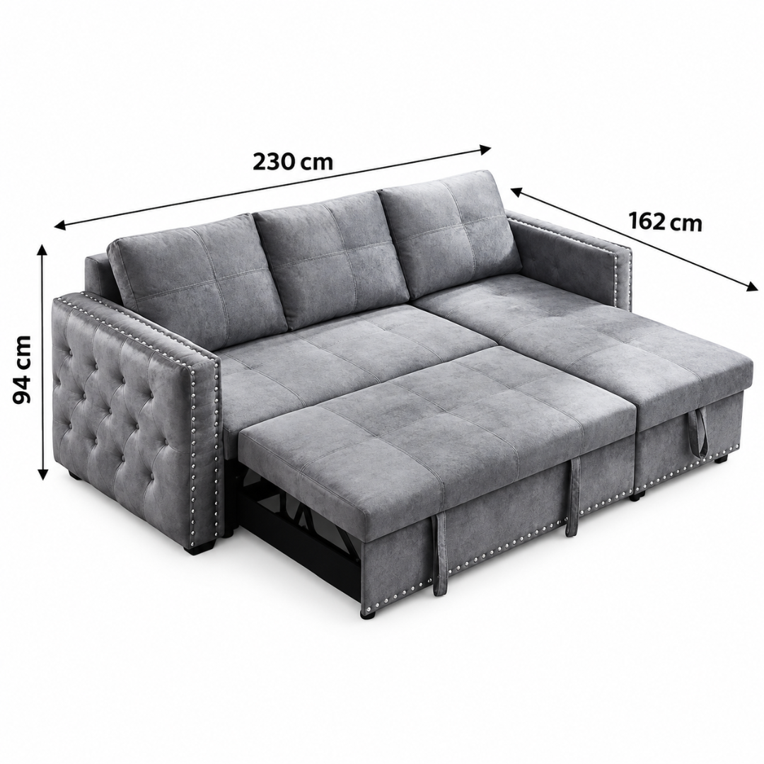 Wooden Twist Modern L-Shape Sofa Bed with Storage Grey – Dimensions 230 x 162 x 94 cm