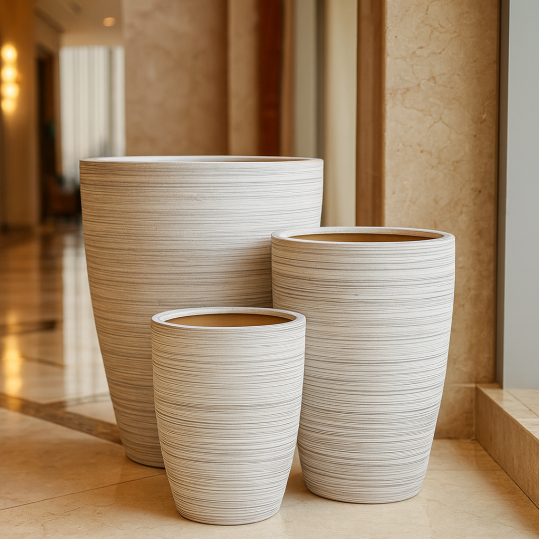 A Striped Ceramic Planter With Contemporary Edge