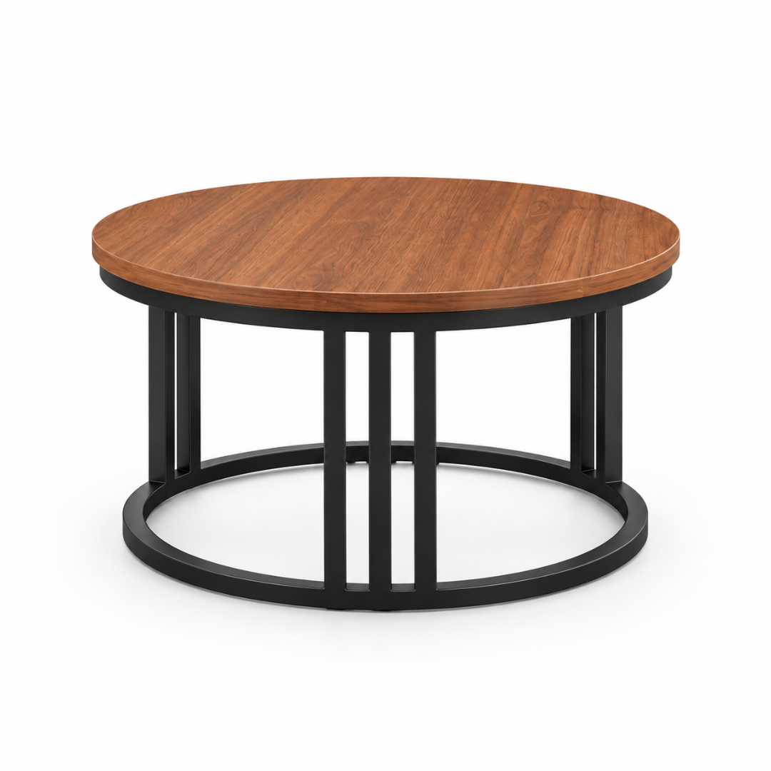 Wooden Twist Round Coffee Table Walnut & Black – front studio view of walnut-look top and triple-bar metal frame