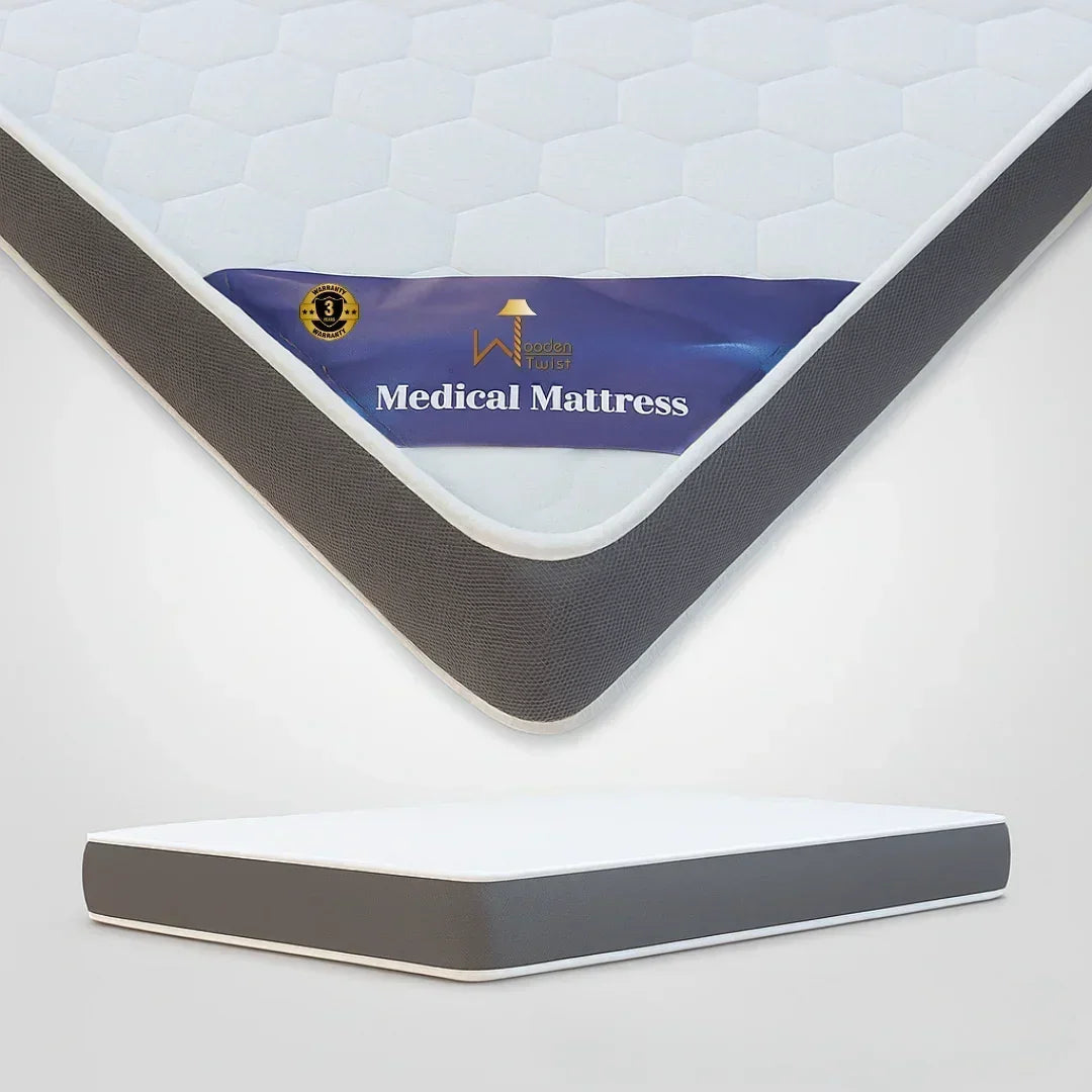 Wooden Twist 10 Cm OrthoRest Rebonded Foam Mattress corner view showing foam core and Medical Mattress label
