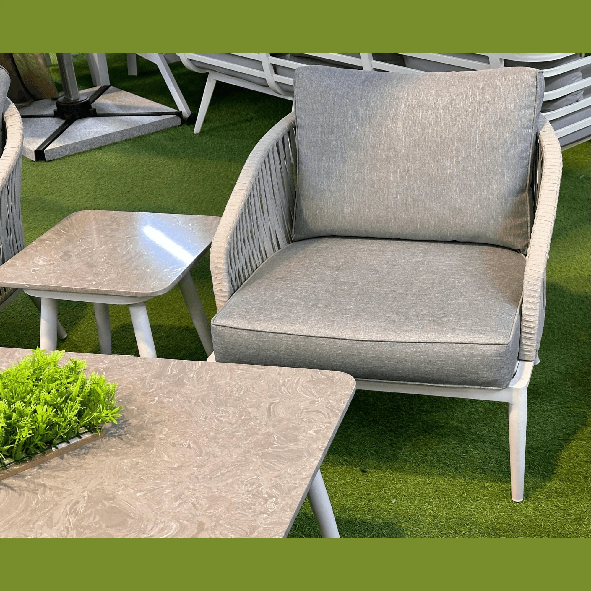 Wooden Twist Peristyle Look Aluminum Chair and Outdoor Furniture 3+1+1 with Table Top Ceramic - Wooden Twist UAE