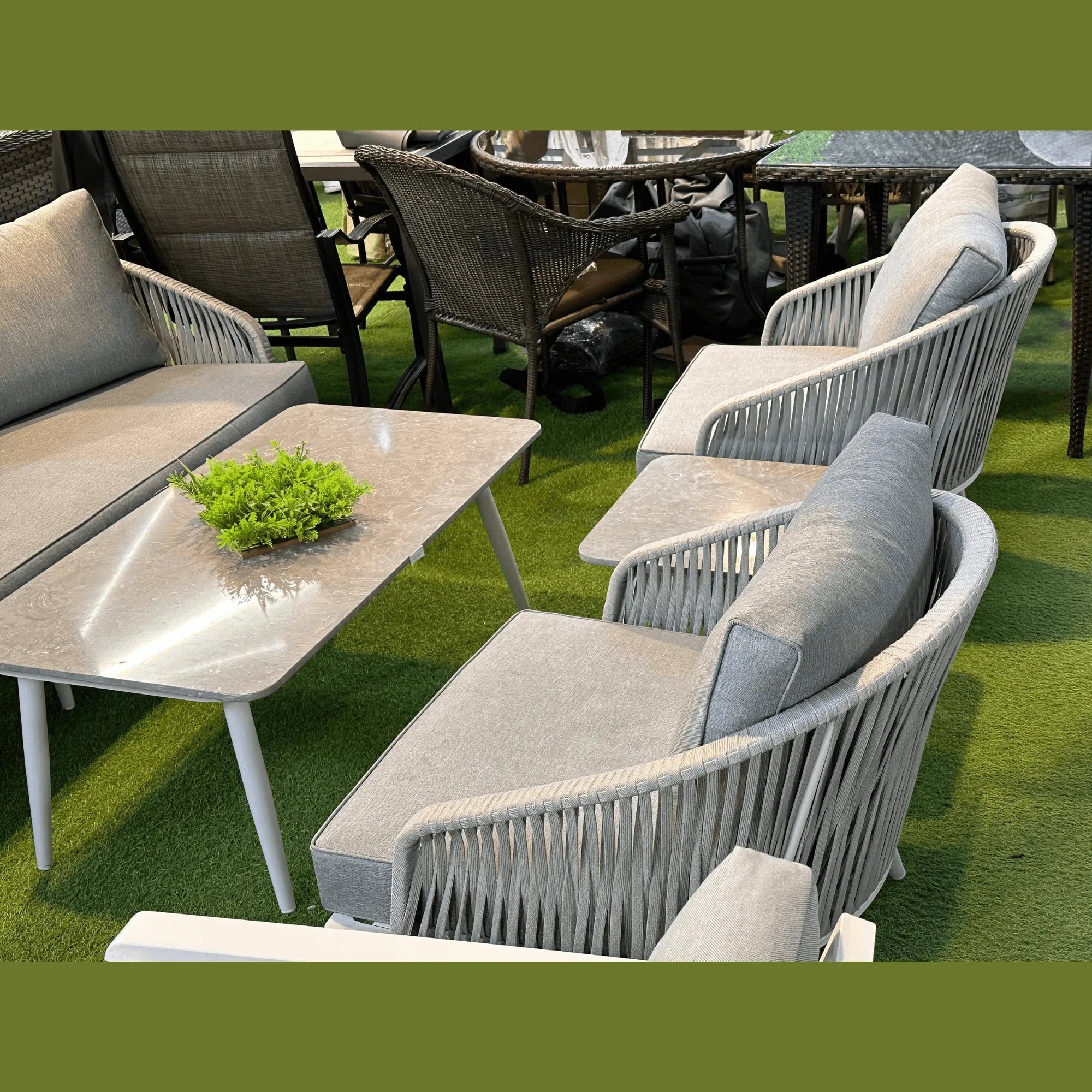 Wooden Twist Peristyle Look Aluminum Chair and Outdoor Furniture 3+1+1 with Table Top Ceramic - Wooden Twist UAE