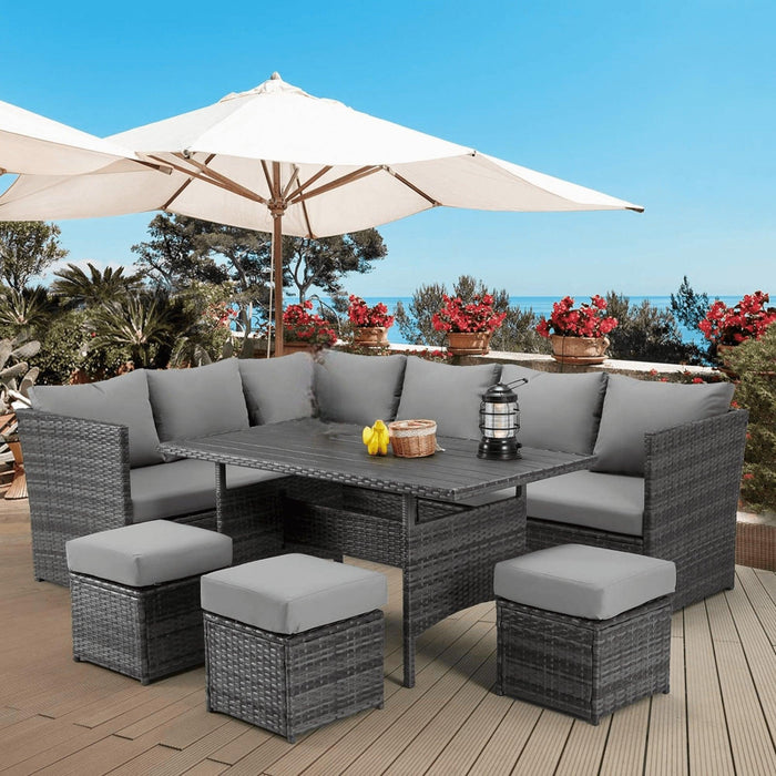 Wooden Twist Portico Modular Design Weather Resistant Wicker Conversation Rattan & Steel 7 Pieces Outdoor Furniture Set With Seven Cushions