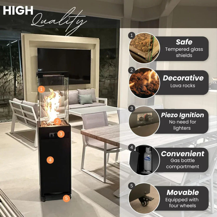 Easy Ignition, Adjustable Heat, On Wheels