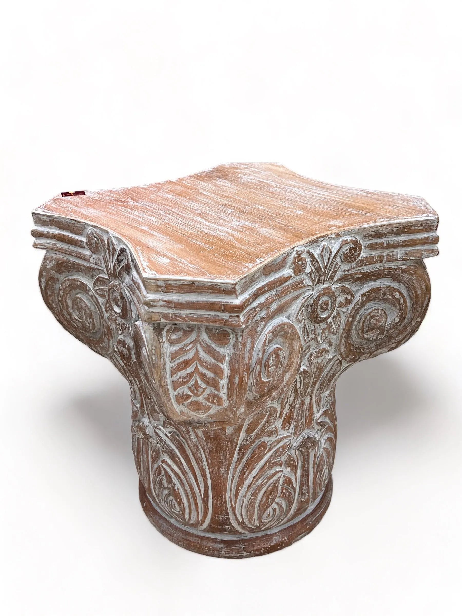 Wooden Twist Hand Carved Pedestal Style End Table Mango Wood - Wooden Twist UAE