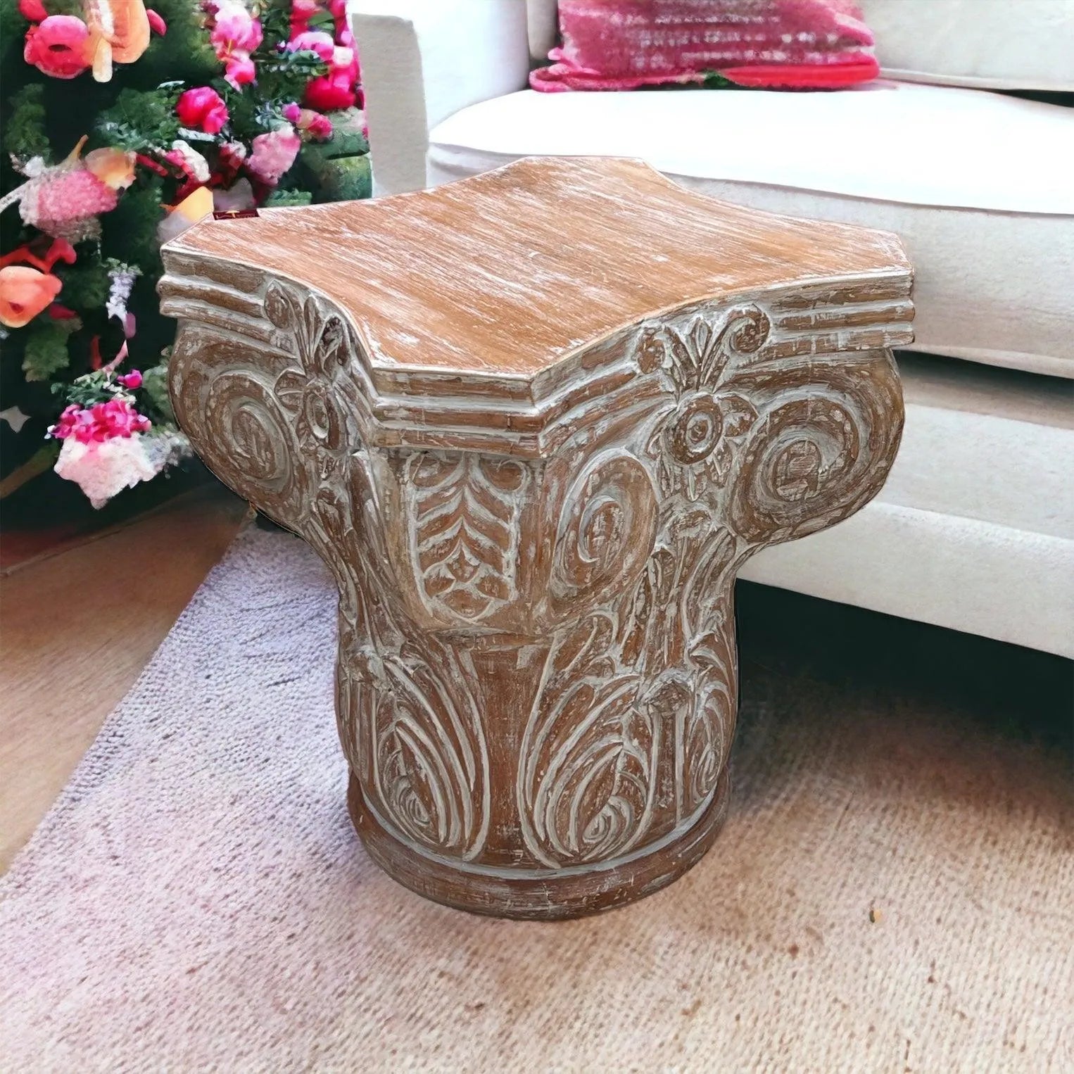 Wooden Twist Hand Carved Pedestal Style End Table Mango Wood - Wooden Twist UAE