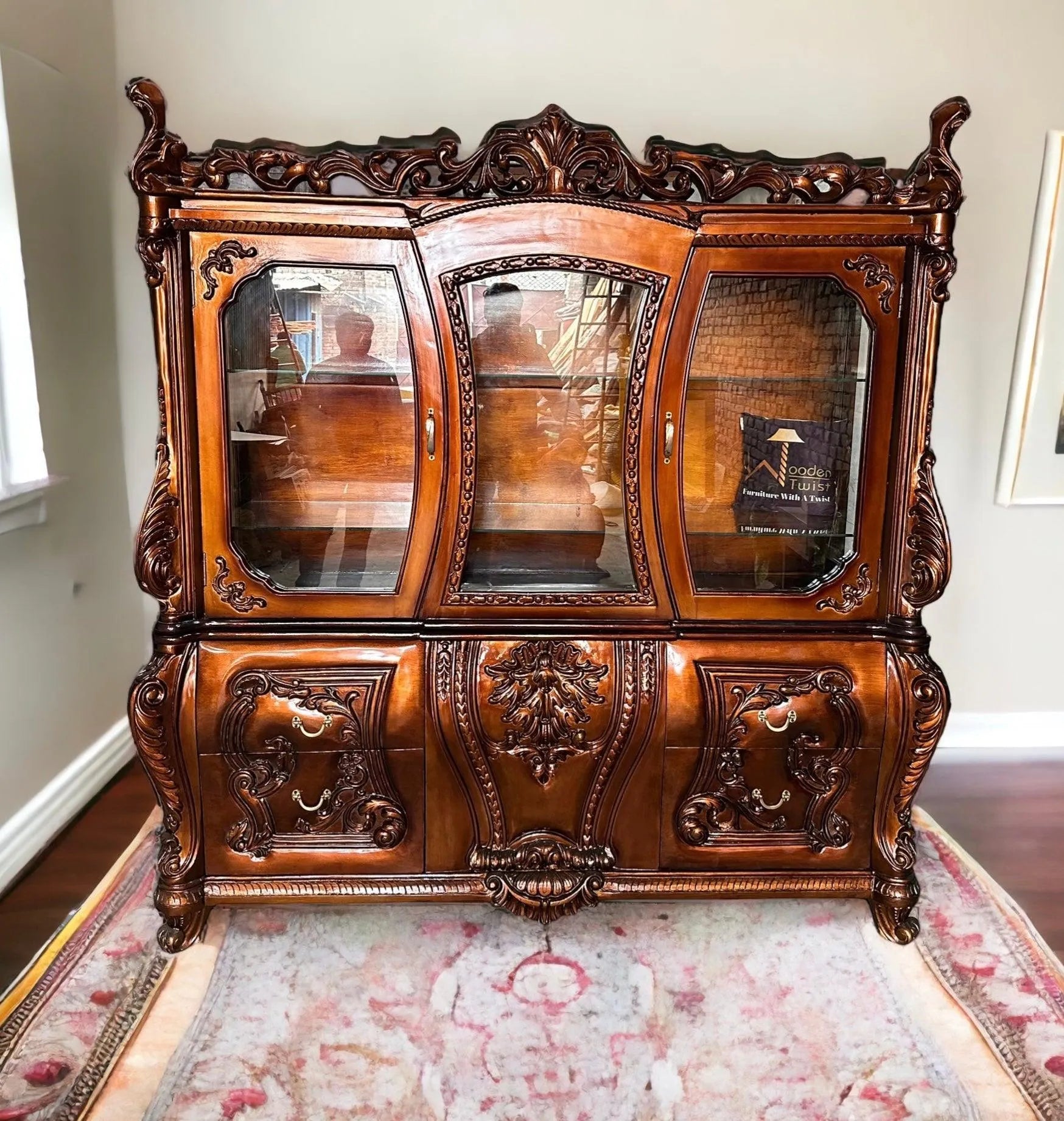 Wooden Twist Extended Royal Hand Carved Teak Wood Wardrobe ( Copper Finish ) - Wooden Twist UAE