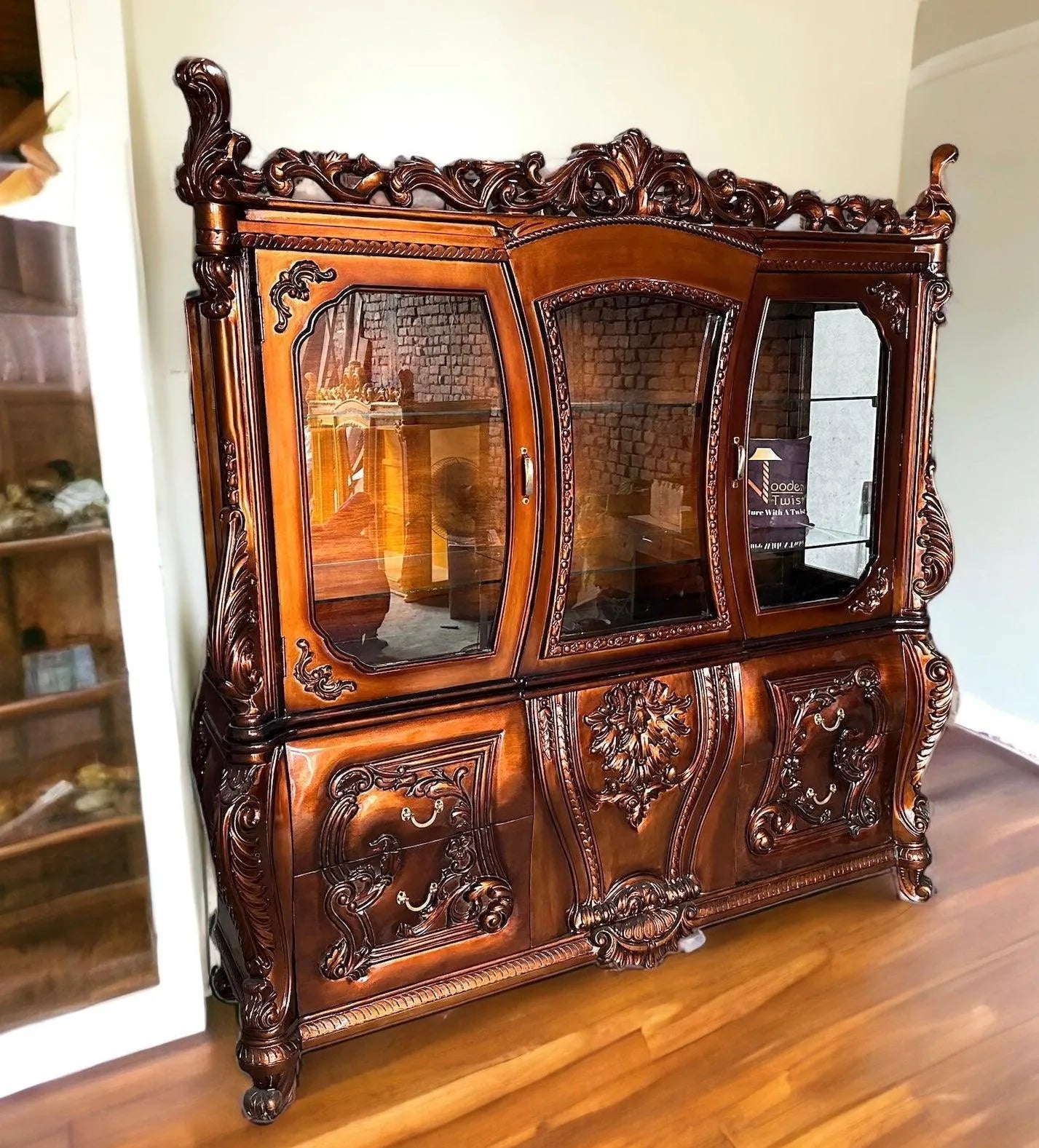 Wooden Twist Extended Royal Hand Carved Teak Wood Wardrobe ( Copper Finish ) - Wooden Twist UAE