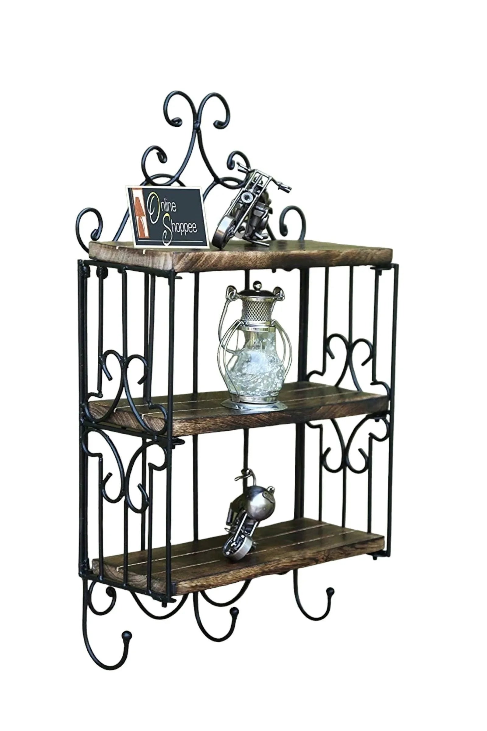 Wooden & Iron 3 Shelf Book/ Kitchen Rack With Cloth/Cup Hanger - Wooden Twist UAE