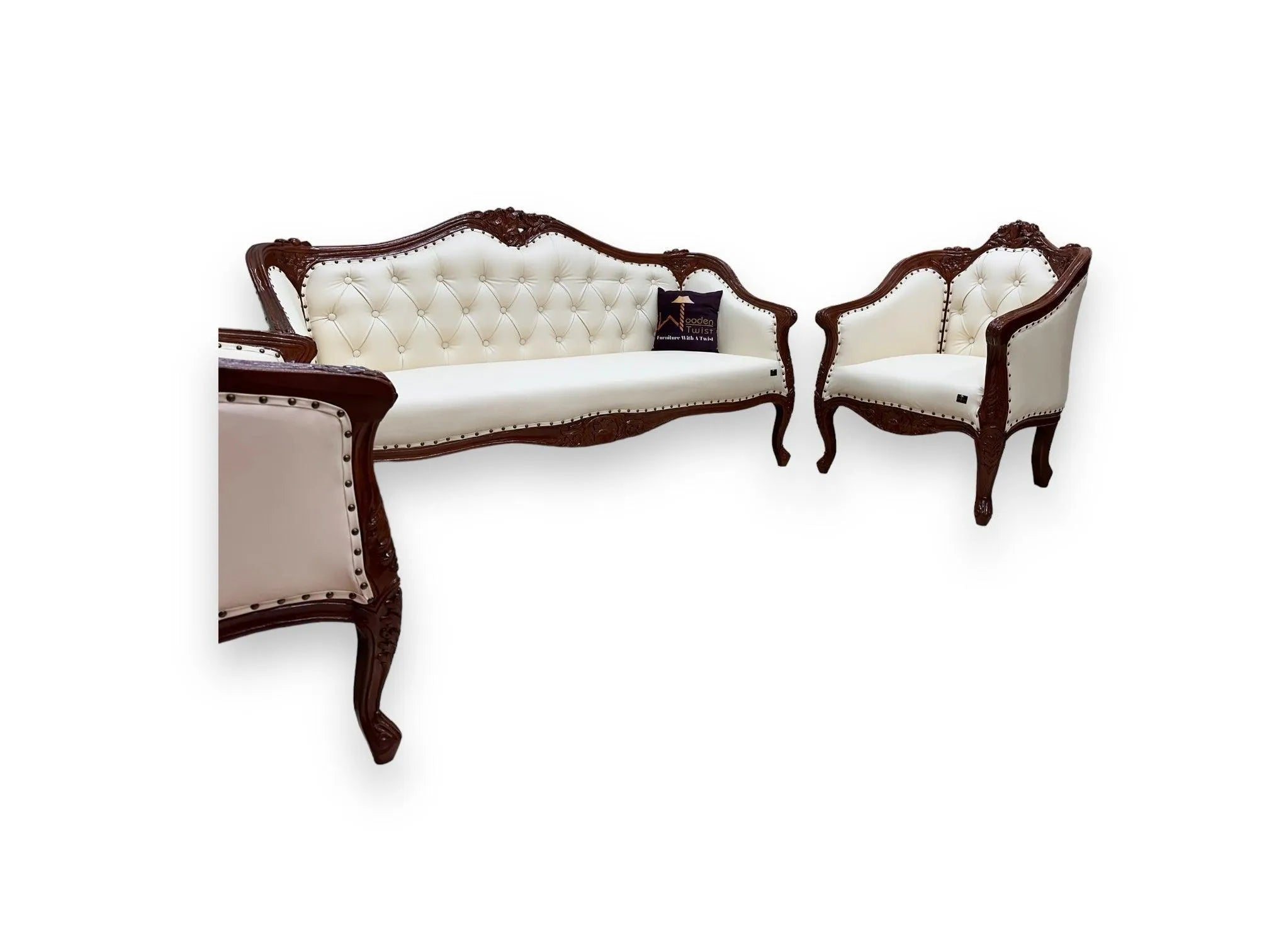 Wooden Handmade Italian Baroque Style Champagne Sofa Set 3+1+1 (Teak Wood) - Wooden Twist UAE