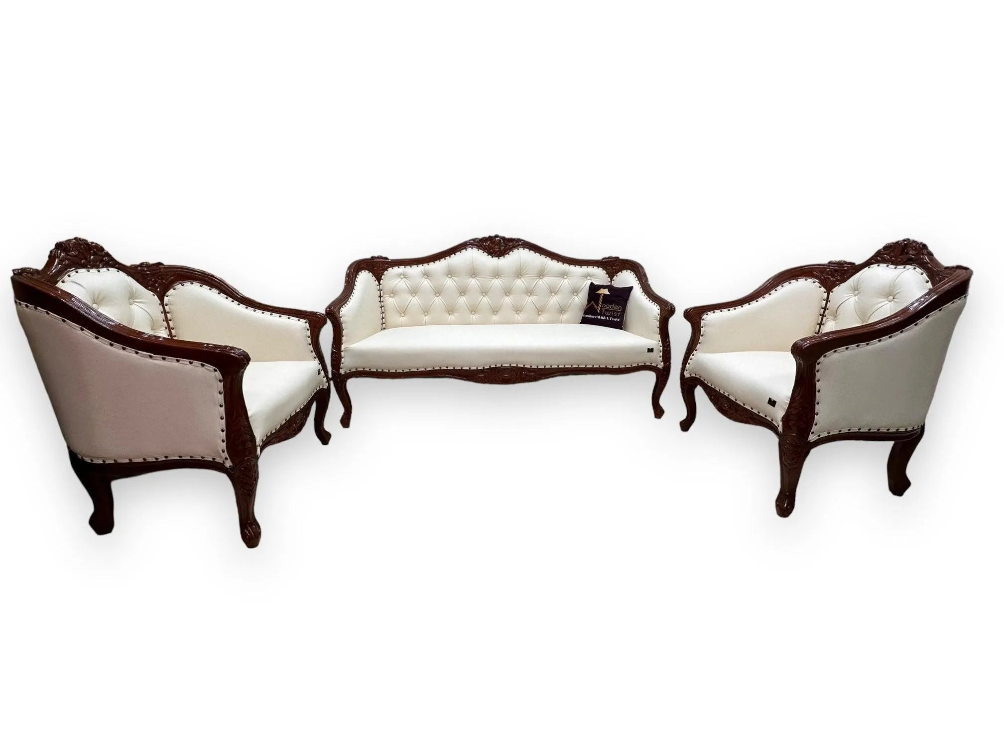 Wooden Handmade Italian Baroque Style Champagne Sofa Set 3+1+1 (Teak Wood) - Wooden Twist UAE