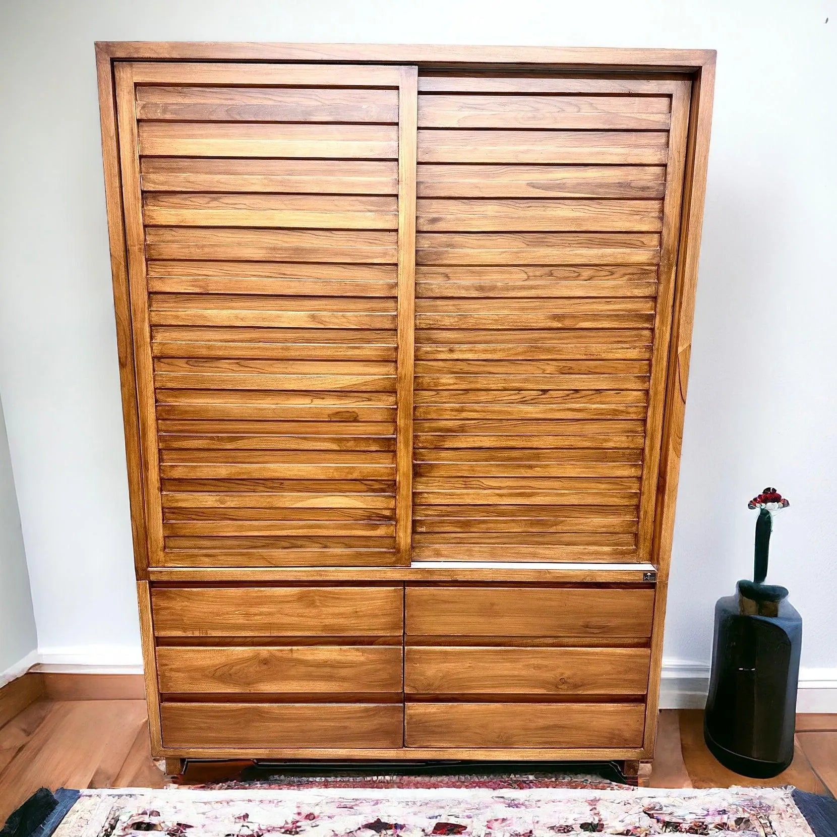 Wooden Twist Traditional Design Sliding Doors Wardrobe with Six Drawers And 2 Door ( Brown ) - Wooden Twist UAE