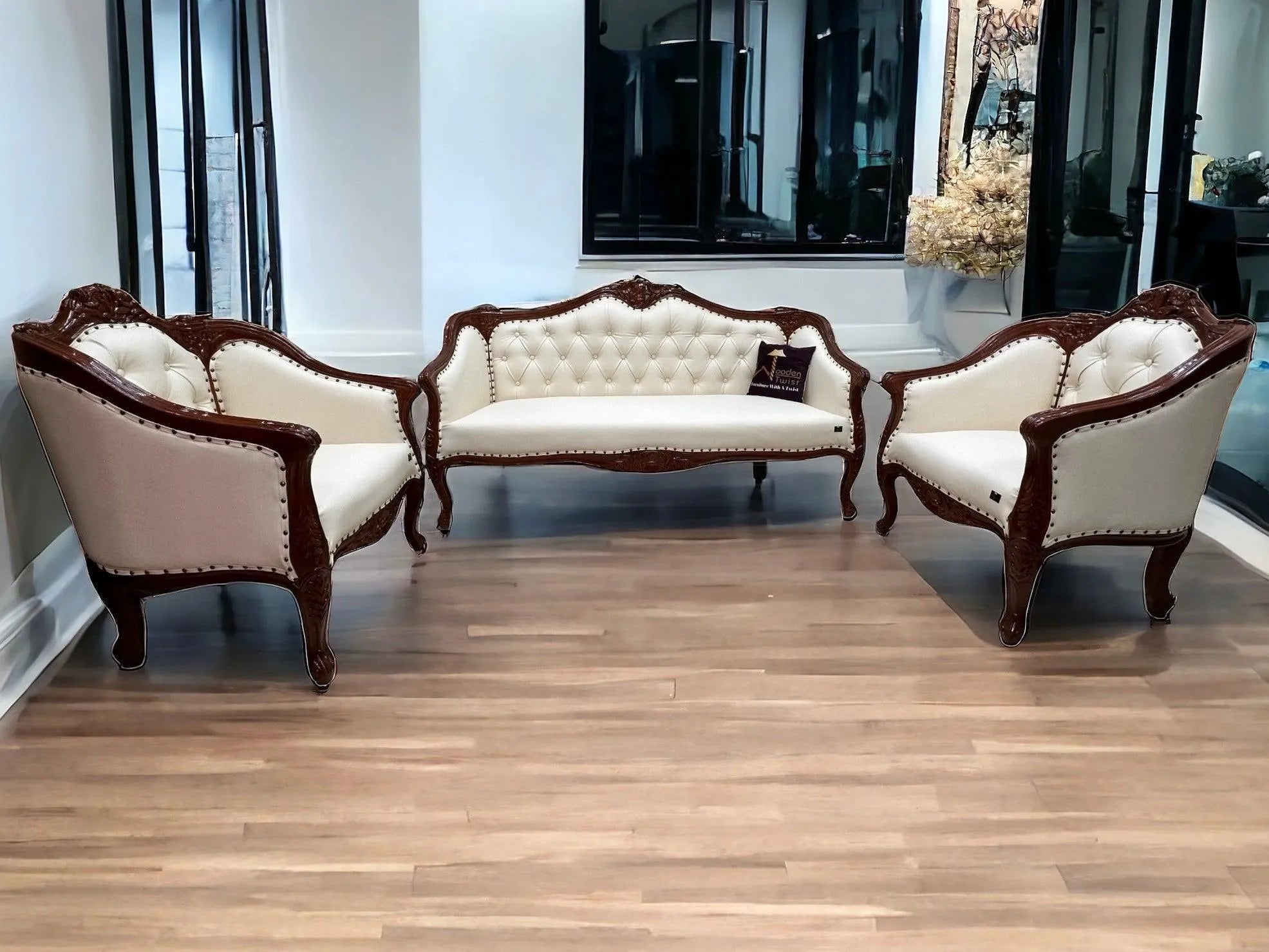 Wooden Handmade Italian Baroque Style Champagne Sofa Set 3+1+1 (Teak Wood) - Wooden Twist UAE