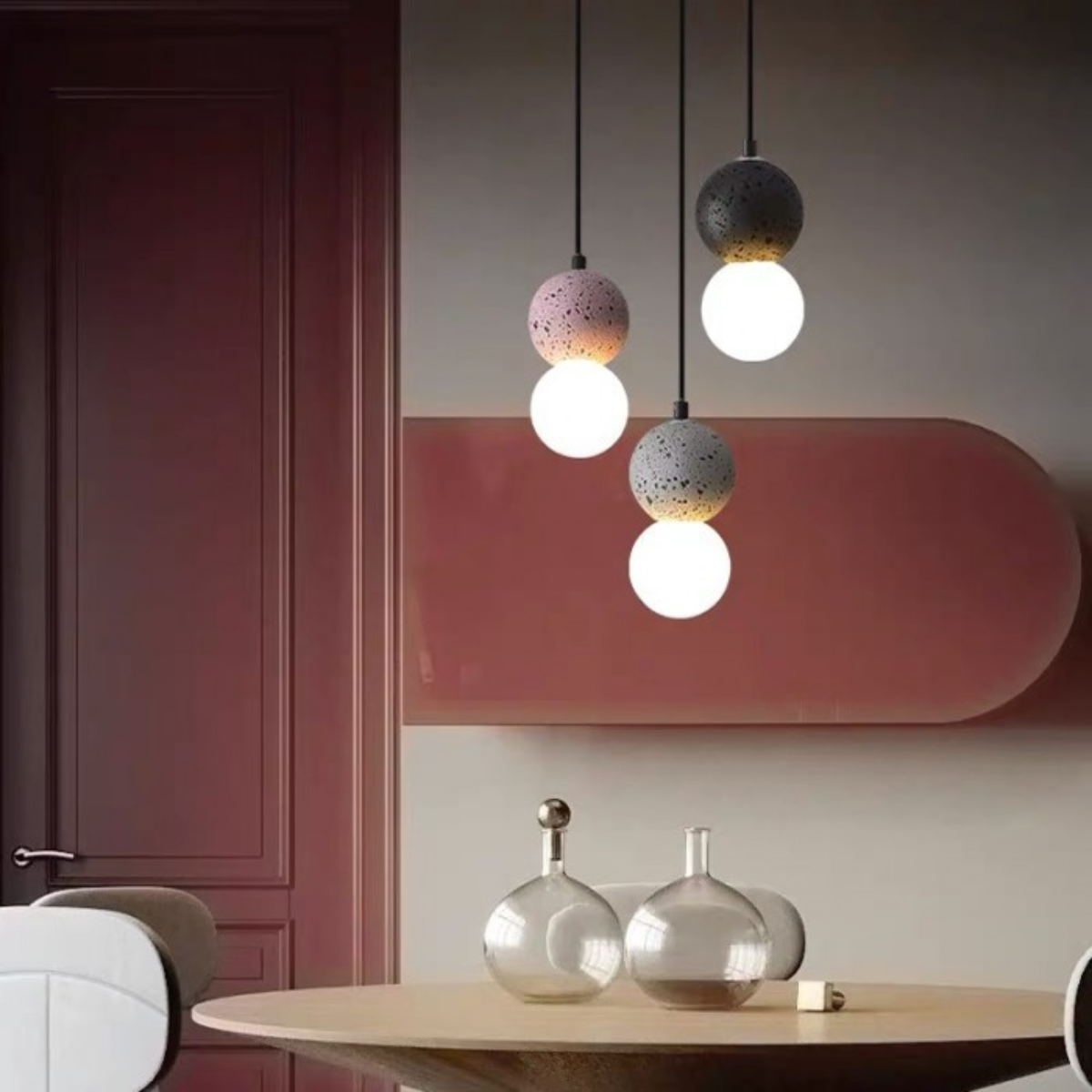 Wooden Twist Mia Orb Minimalist Pendant Light – Dual Ball Cement & Frosted Glass