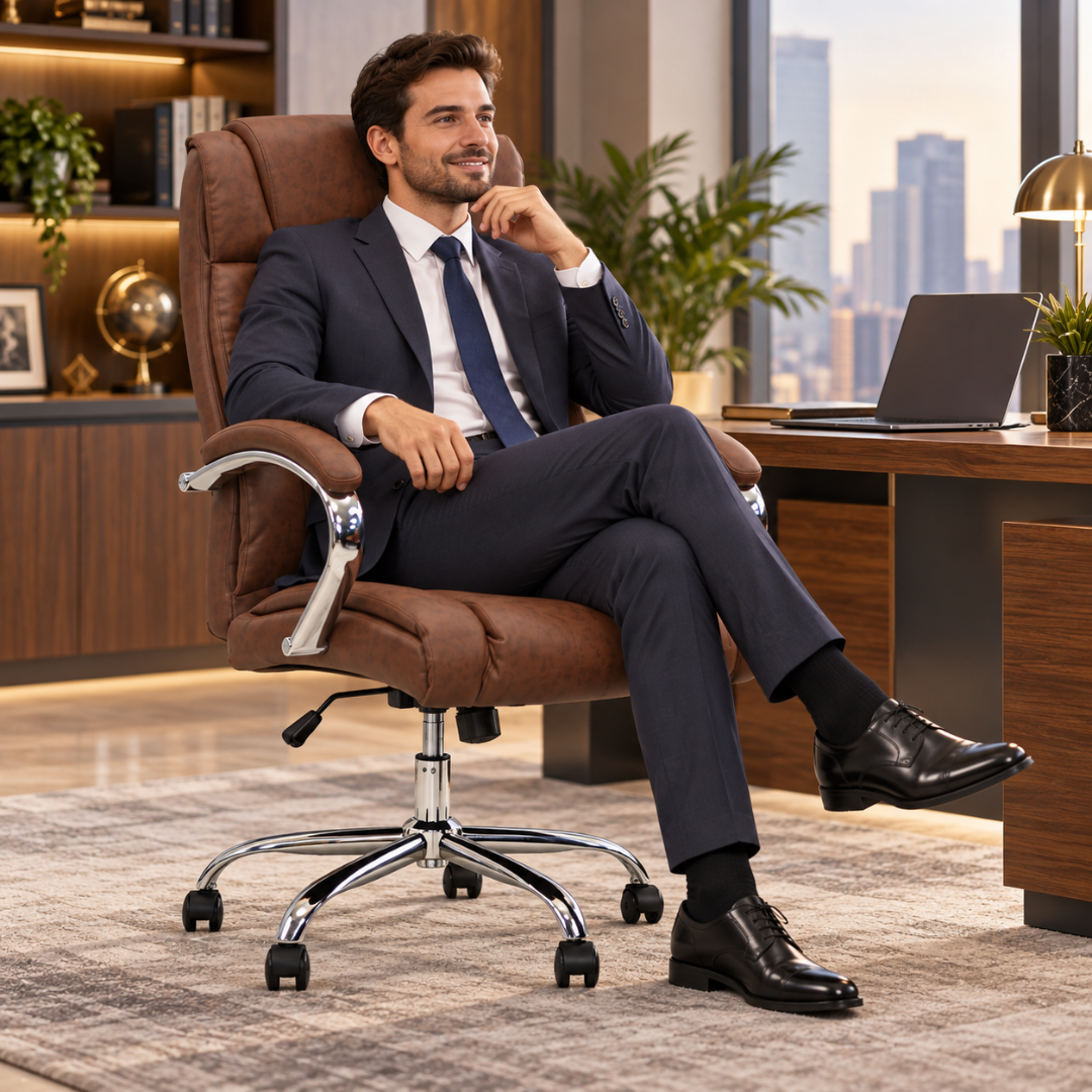 Wooden Twist Bellano Brown Leatherette Executive Office Chair – man seated at desk