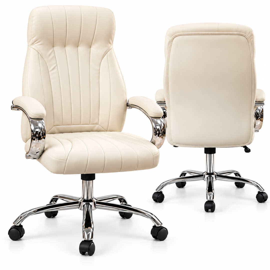 Wooden Twist Ivora Cream Leatherette Executive Office Chair – front and back views