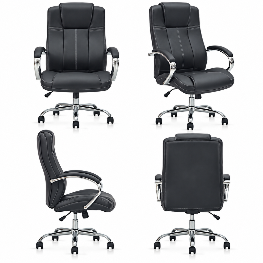Wooden Twist Corvino Black Leatherette Executive Office Chair – front, angle, side and back views