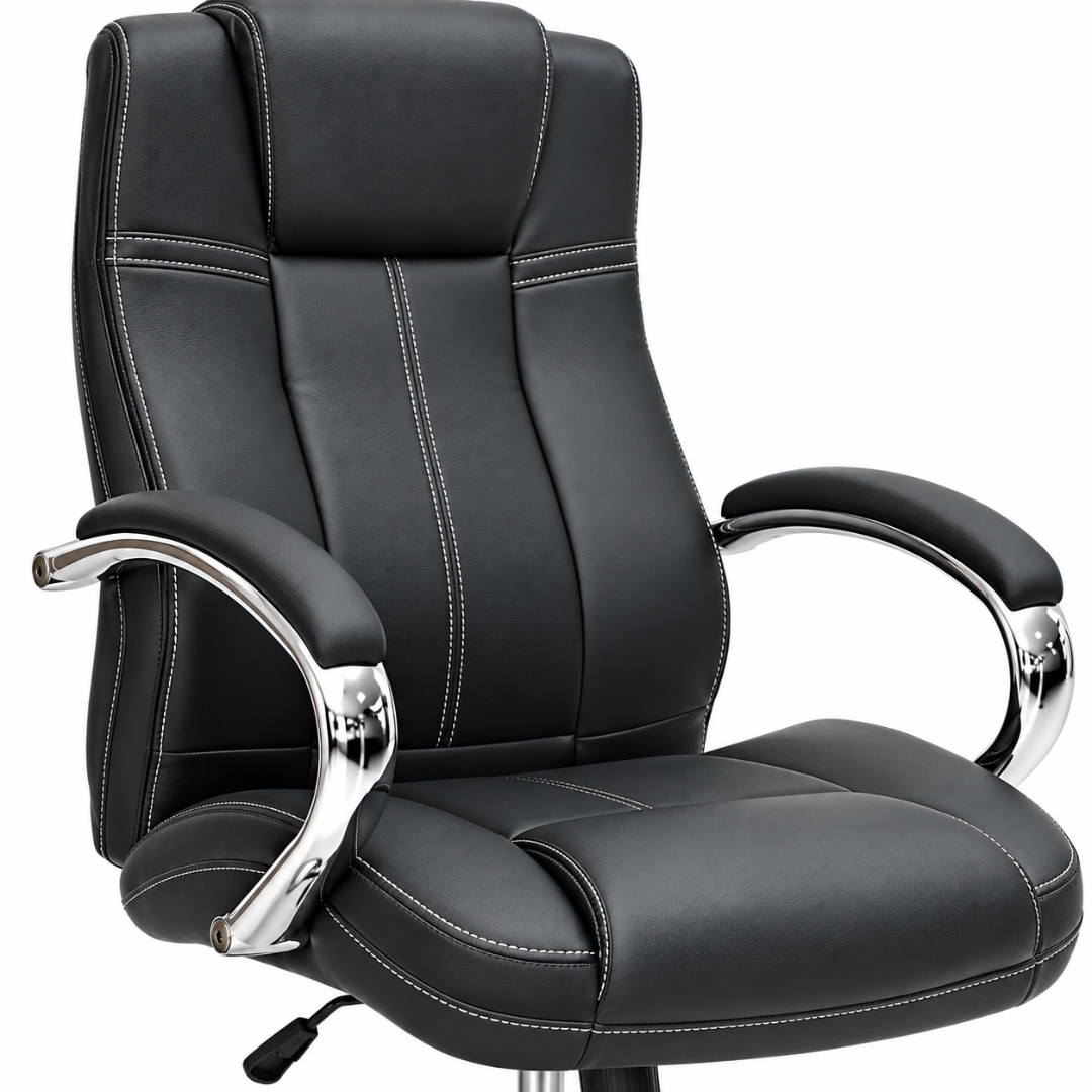 Wooden Twist Corvino Black Leatherette Executive Office Chair – stitching and chrome armrest close-up