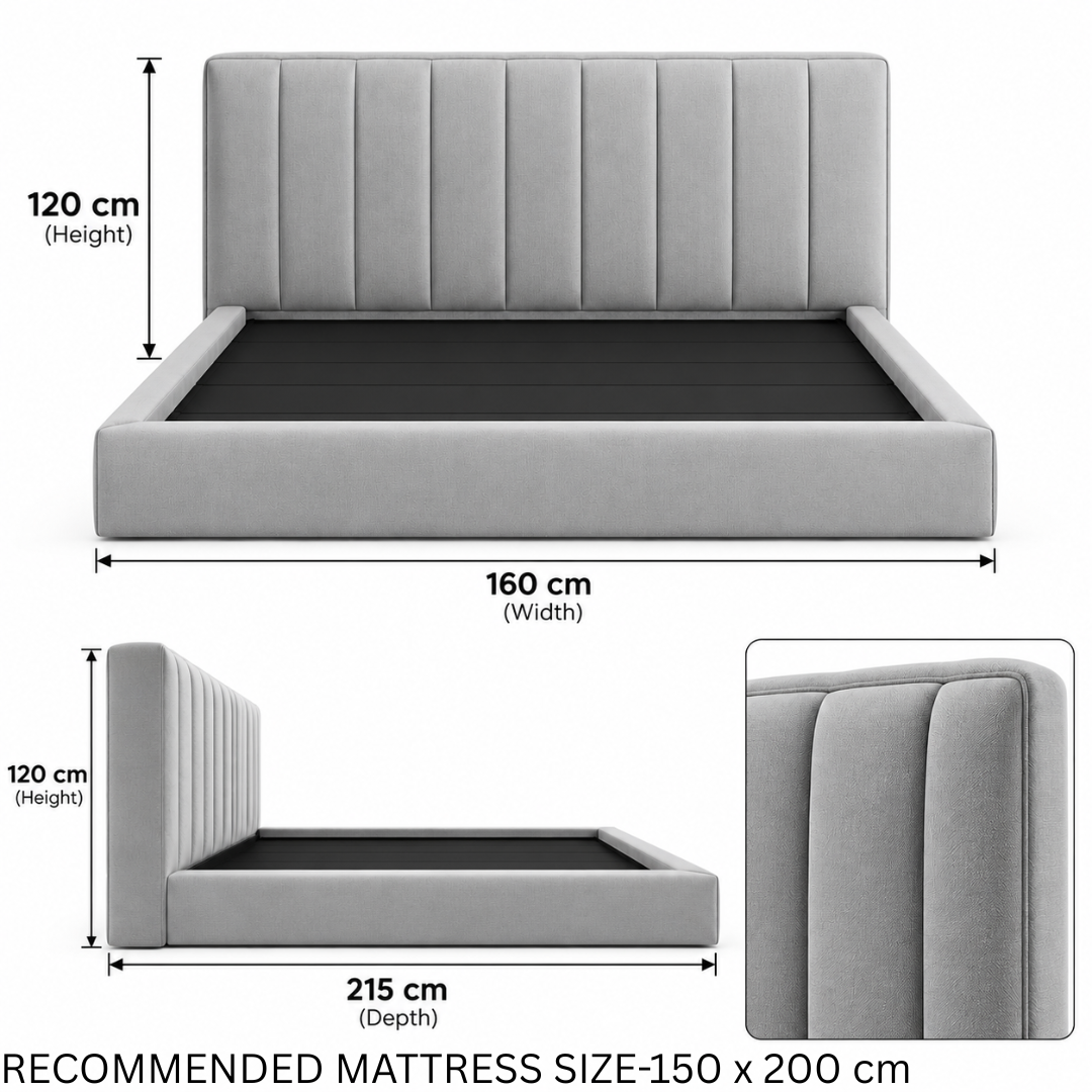 Wooden Twist Majesty Channel Tufted Velvet Bed Grey – Queen 150 dimensions 160 x 215 x 120 cm
