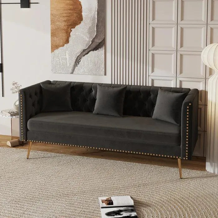 Wooden Twist Velvet Modern Sofa in Black