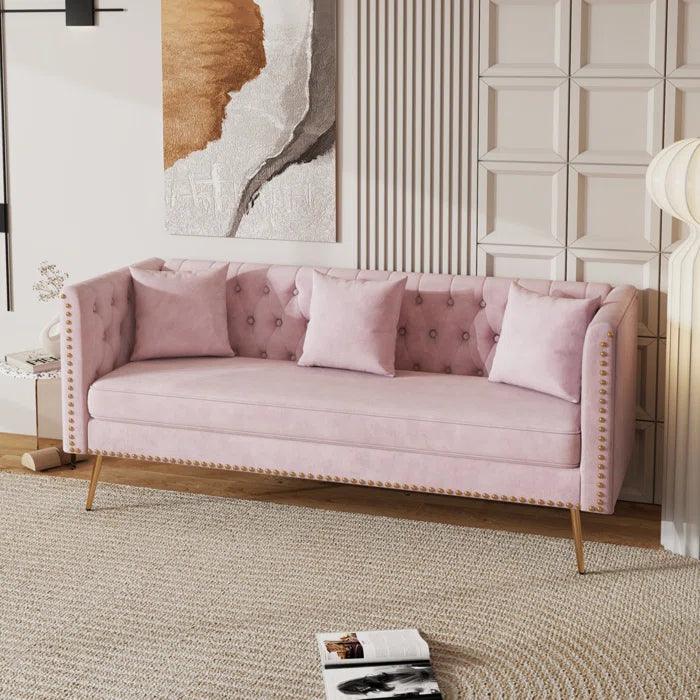 Pink Velvet Modern Sofa - Golden Legs